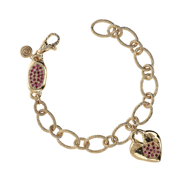Hammered Rolo Chain Bracelet with Pavé Heart in Pink Cubic Zirconia