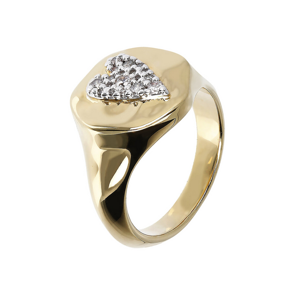 Hammered Chevalier Ring with Pavé Heart in Cubic Zirconia