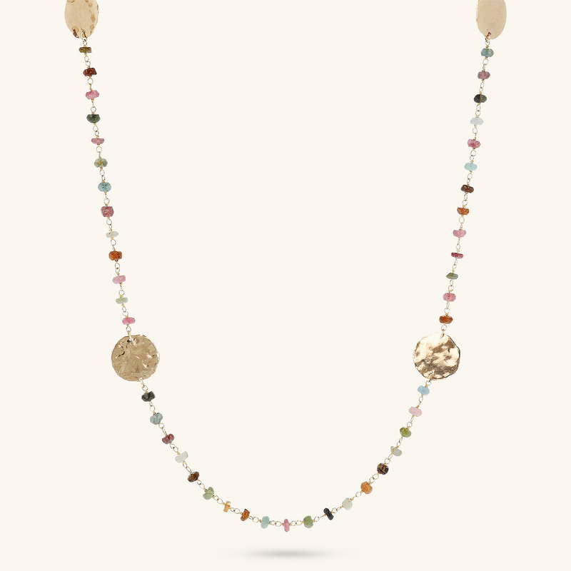 Rosary Necklace with Multicolor Tourmaline Natural Stone and Hammered Discs