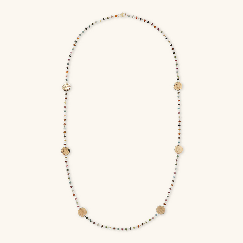 Rosary Necklace with Multicolor Tourmaline Natural Stone and Hammered Discs