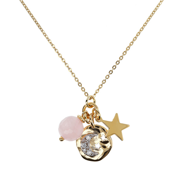Rolo Chain Necklace and Hammered Multipendant with Moon Pavé and Rose Quartz