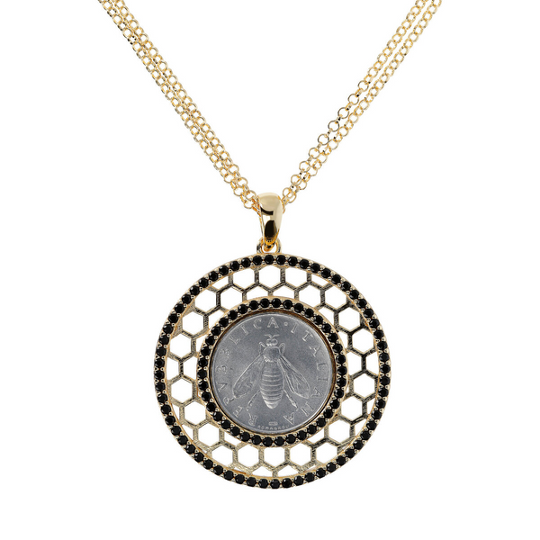 Long Necklace with Black Spinel Pendant and Bee Coin