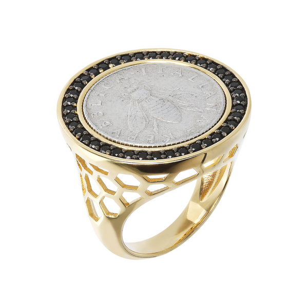 Openwork Chevalier Ring with Coin and Black Spinel