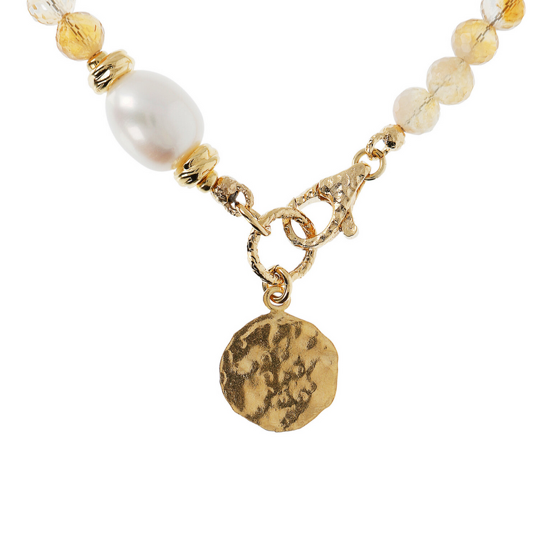 Necklace with White Pearl and Hammered Pendant