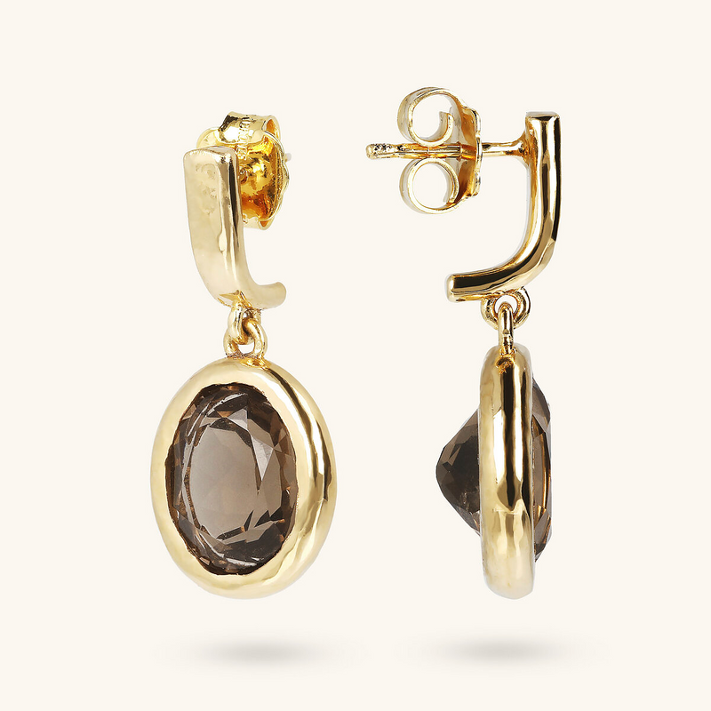 Boucles d'Oreilles Pendantes avec Pierre Naturelle Quartz Brun Rond