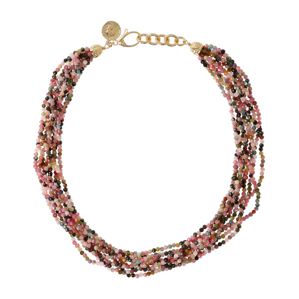 Collier multi-rangs avec pierre naturelle tourmaline multicolore et pièce martelée