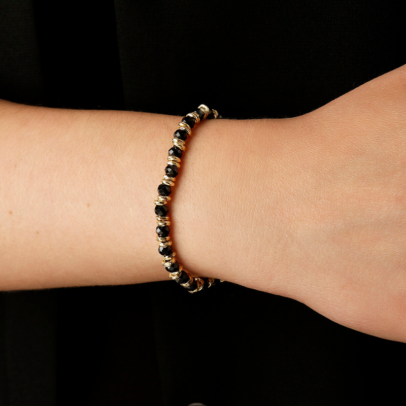 Bracelet Élastique Rondelle Dorée et Pierre Naturelle Spinelle Noir