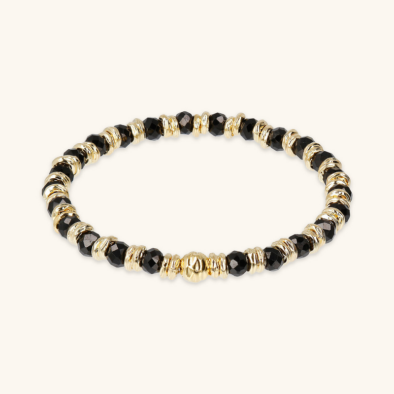 Bracelet Élastique Rondelle Dorée et Pierre Naturelle Spinelle Noir