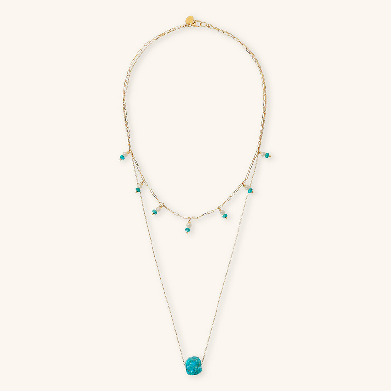 Multi-strand Chain Necklace with Turquoise Natural Stone and Pearl