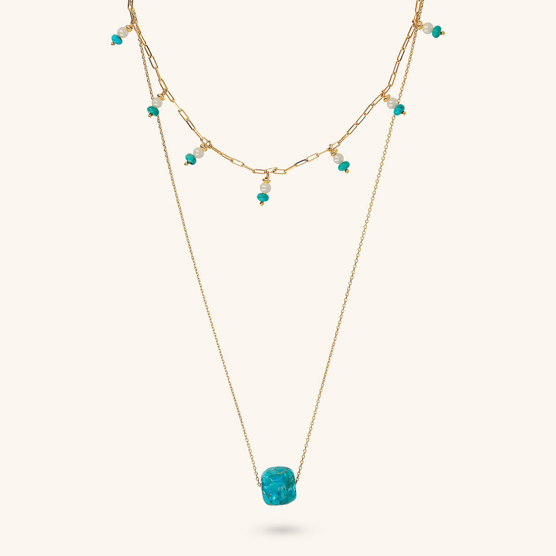 Multi-strand Chain Necklace with Turquoise Natural Stone and Pearl