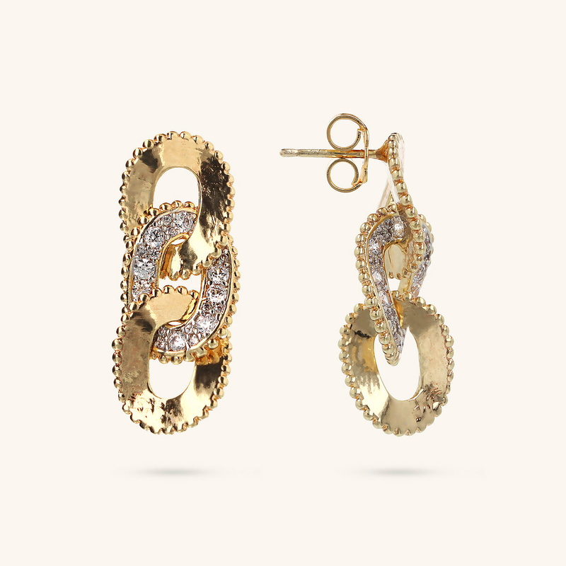 Curb Chain Pendant Earrings with Worked Edges and Pavé in Cubic Zirconia