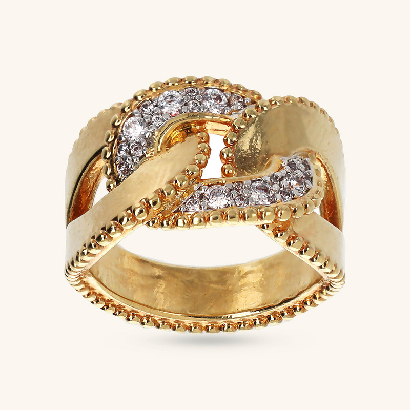 Grumetta Chain Band Ring with Worked Edges and Pavé in Cubic Zirconia