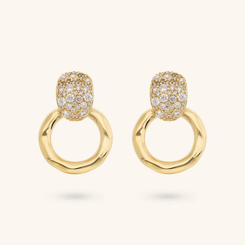 Hammered Ring Drop Earrings with Cubic Zirconia Pavé