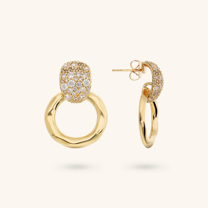 Hammered Ring Drop Earrings with Cubic Zirconia Pavé