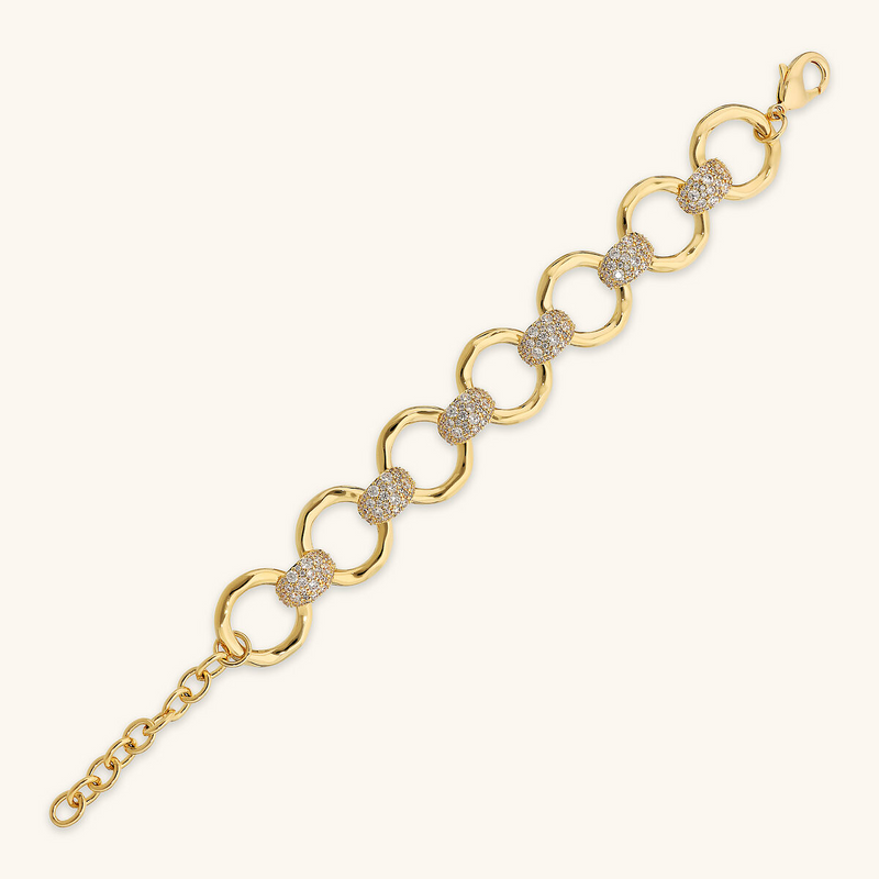 Bracelet with Hammered Ring Links and Cubic Zirconia Pavé