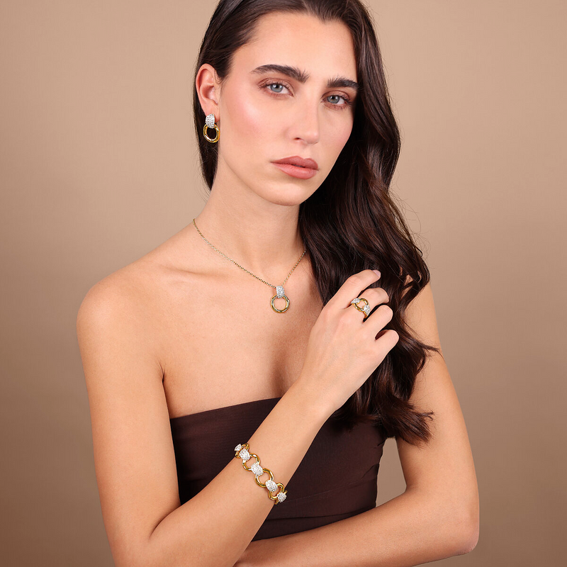 Bracelet with Hammered Ring Links and Cubic Zirconia Pavé