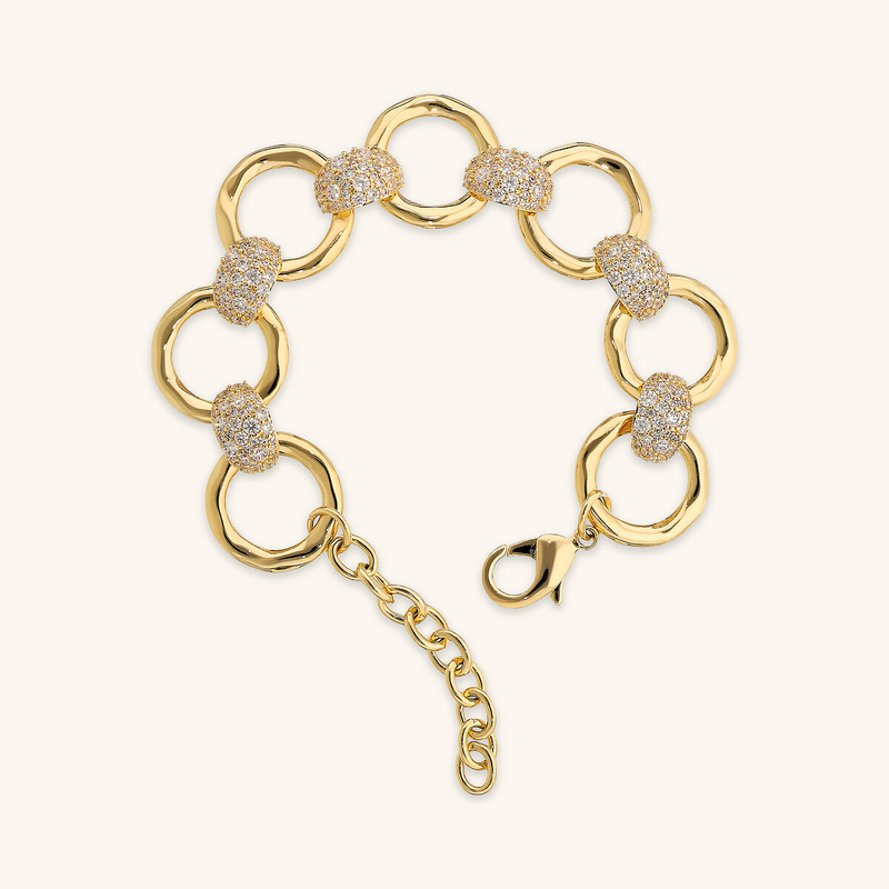 Bracelet with Hammered Ring Links and Cubic Zirconia Pavé