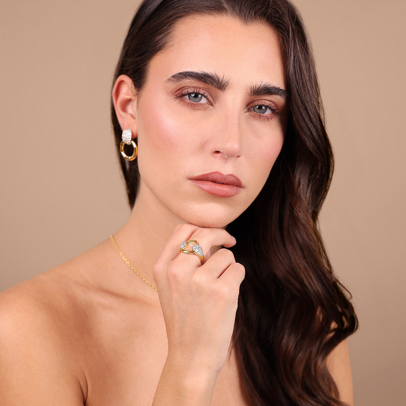 Band Ring with Hammered Link and Cubic Zirconia Pavé