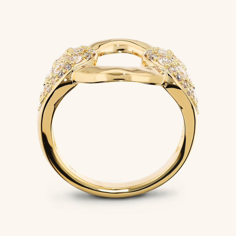 Band Ring with Hammered Link and Cubic Zirconia Pavé