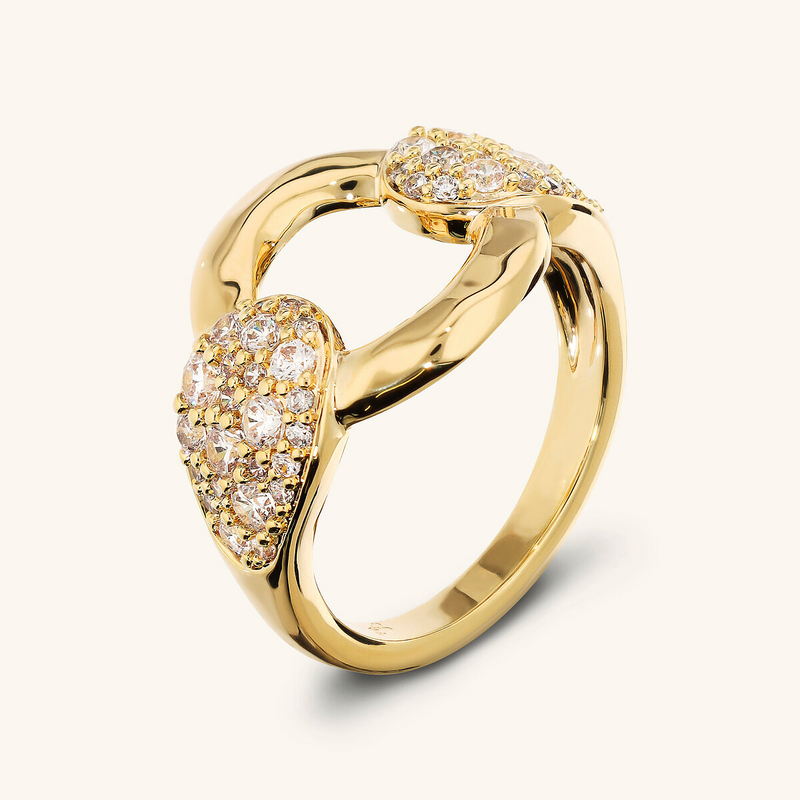 Band Ring with Hammered Link and Cubic Zirconia Pavé