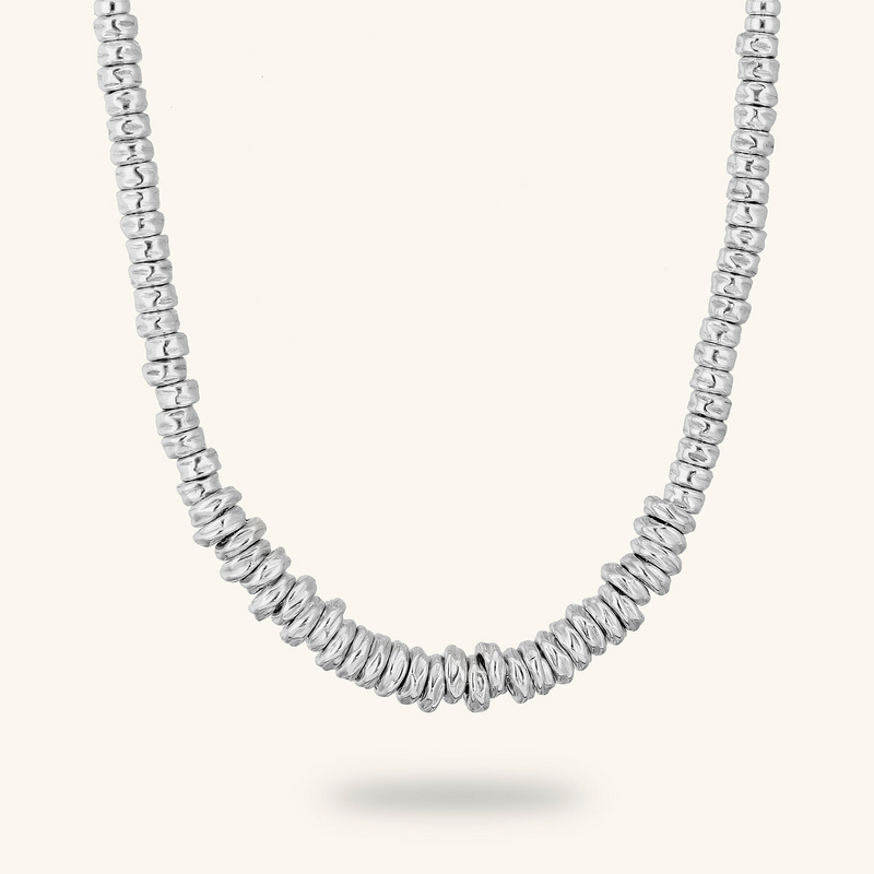 Necklace with Hammered Rondelles and Shiny Spheres